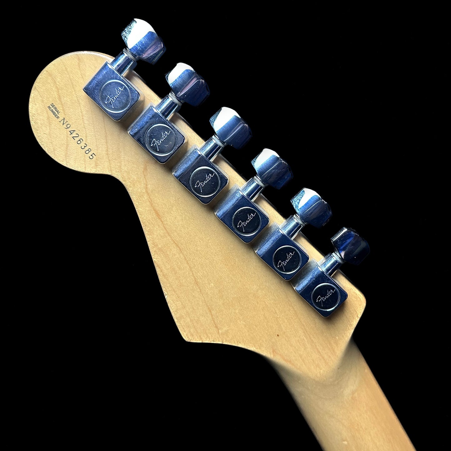 Back of headstock of Used 1999 Fender American Standard Stratocaster Aqua Marine Metallic TSU14279.