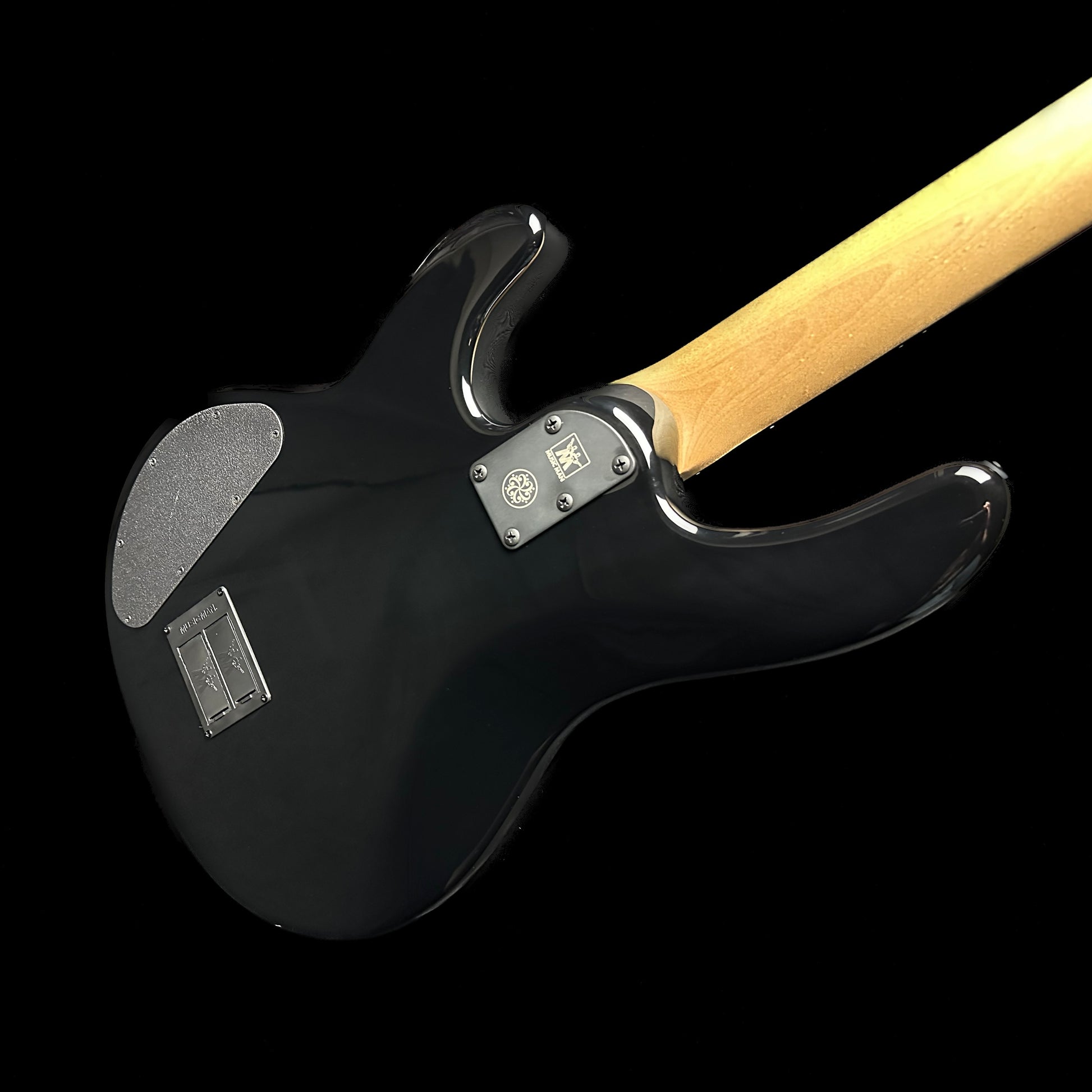Top down of Ernie Ball Music Man DarkRay Bass Obsidian Black back.