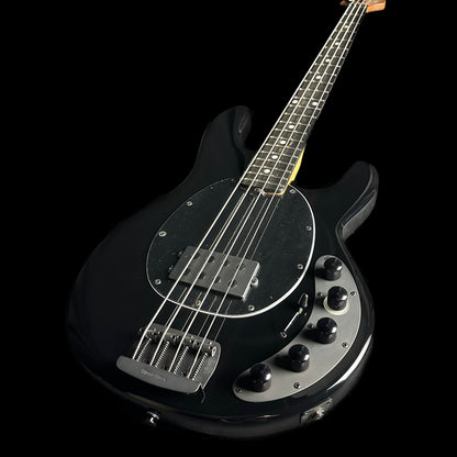 Bottom right angle of Ernie Ball Music Man DarkRay Bass Obsidian Black.