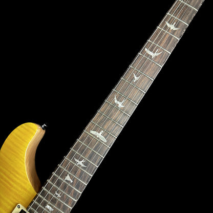 Close up of PRS Paul Reed Smith SE Custom 22 Semi-Hollow Santana Yellow neck.