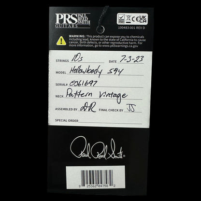 Spec tag for PRS McCarty 594 Hollowbody II Charcoal Cherry Burst Birds.
