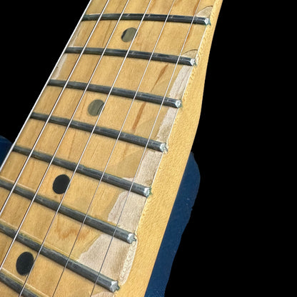 Closeup of fretboard of Used 1999 Fender American Standard Stratocaster Aqua Marine Metallic TSU14279.