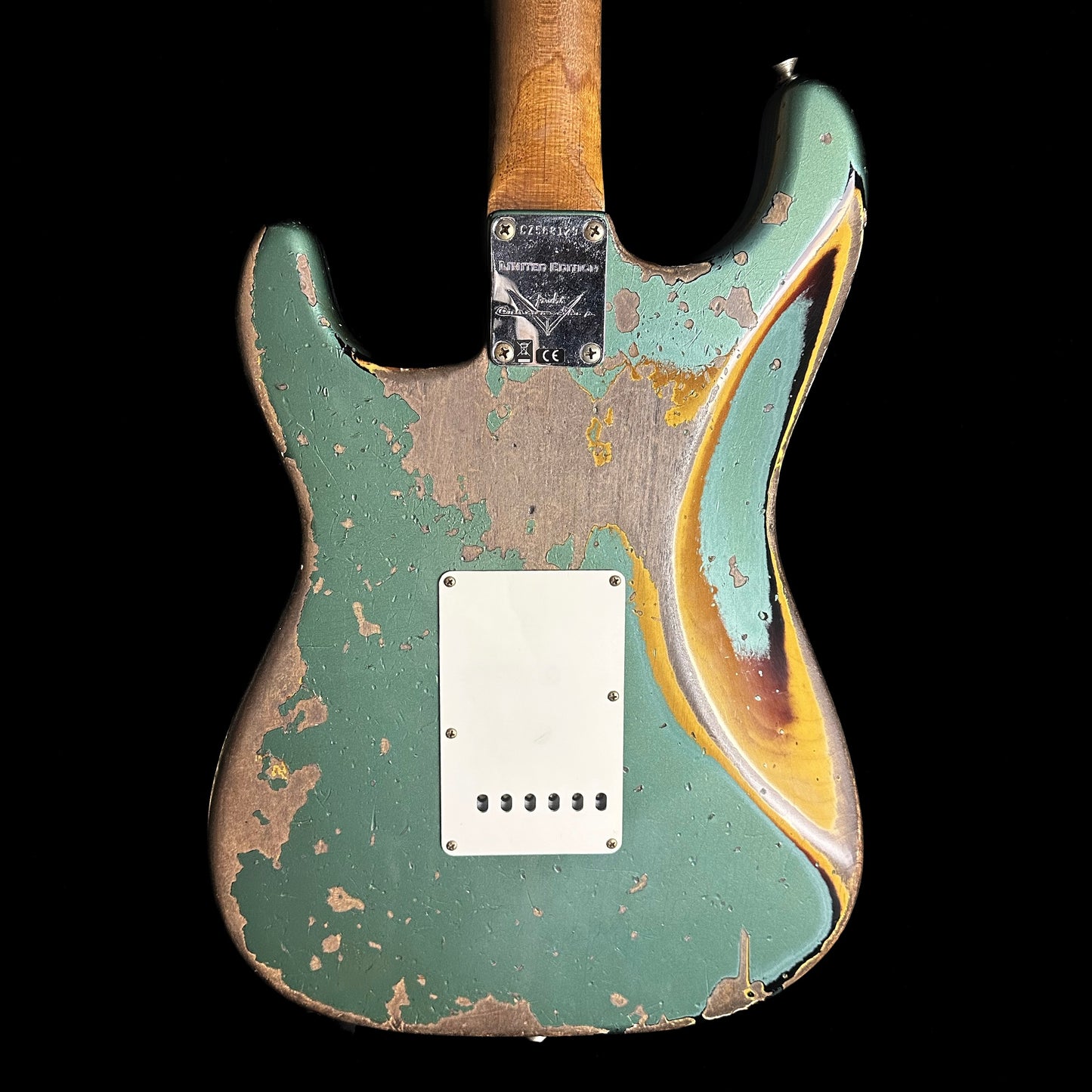 Back of Fender Custom Shop  Limited Edition Roasted 1961 Stratocaster Super Heavy Relic Aged Sherwood Green Metallic/3TSB body.