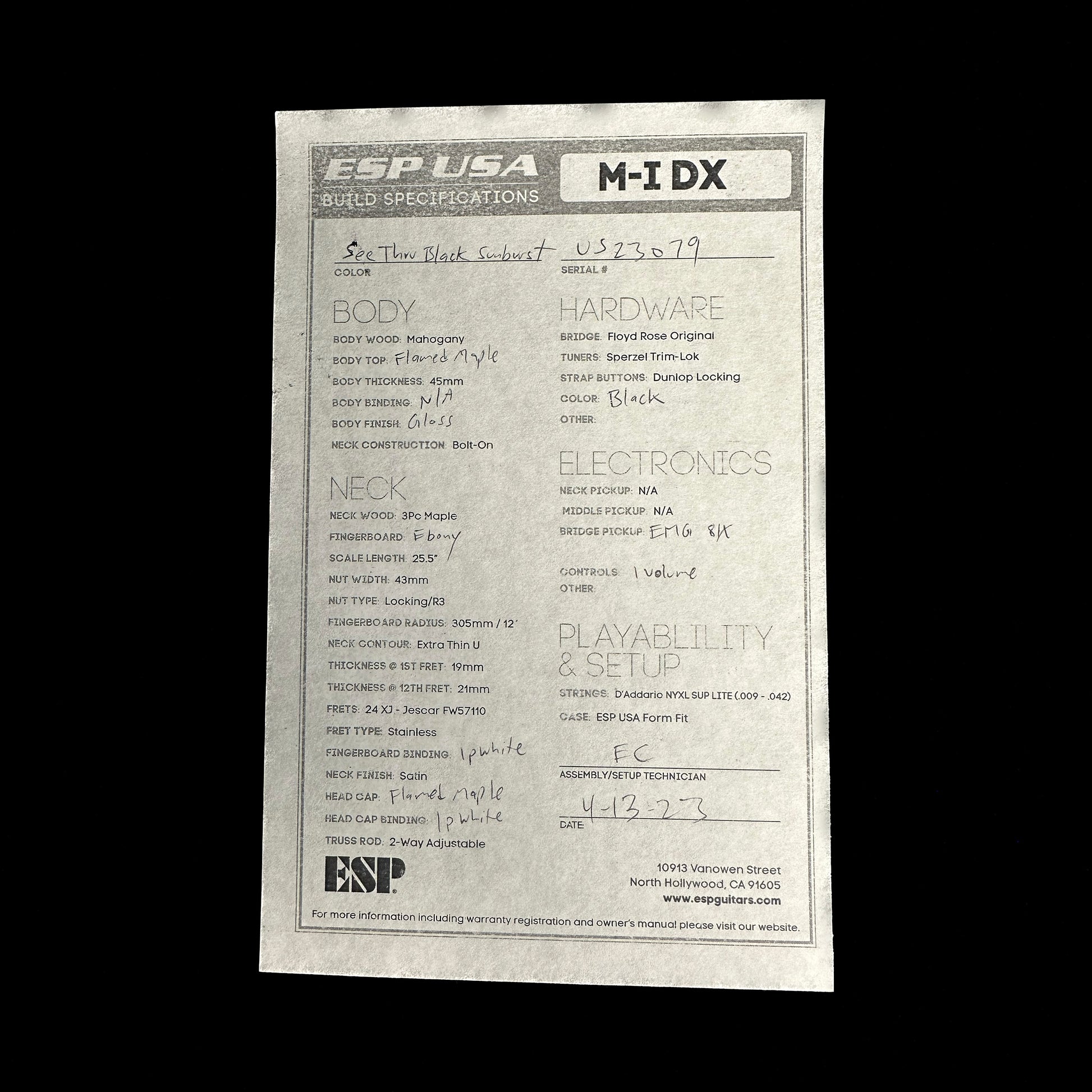Spec sheet for ESP USA M-I FR-DLX See Thru Black Sunburst EMG.