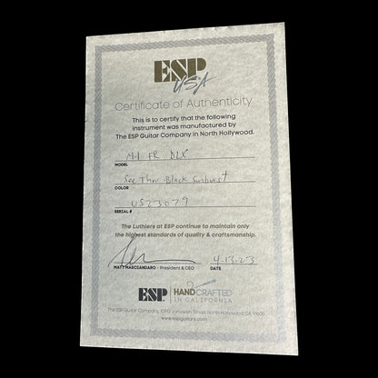 Certificate of Authenticity for ESP USA M-I FR-DLX See Thru Black Sunburst EMG.