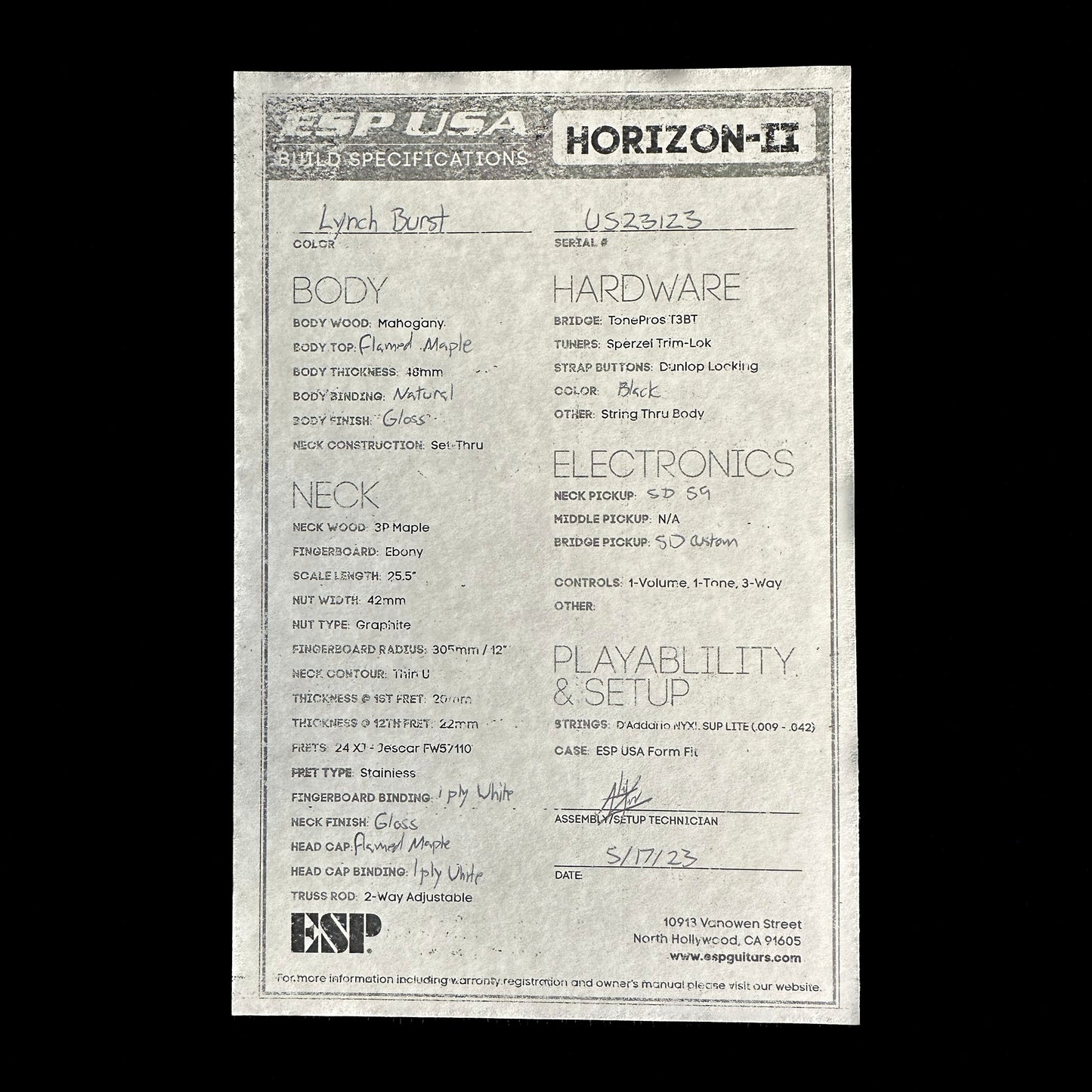 Specs sheet of ESP USA Horizon-II FM Lynch Burst.