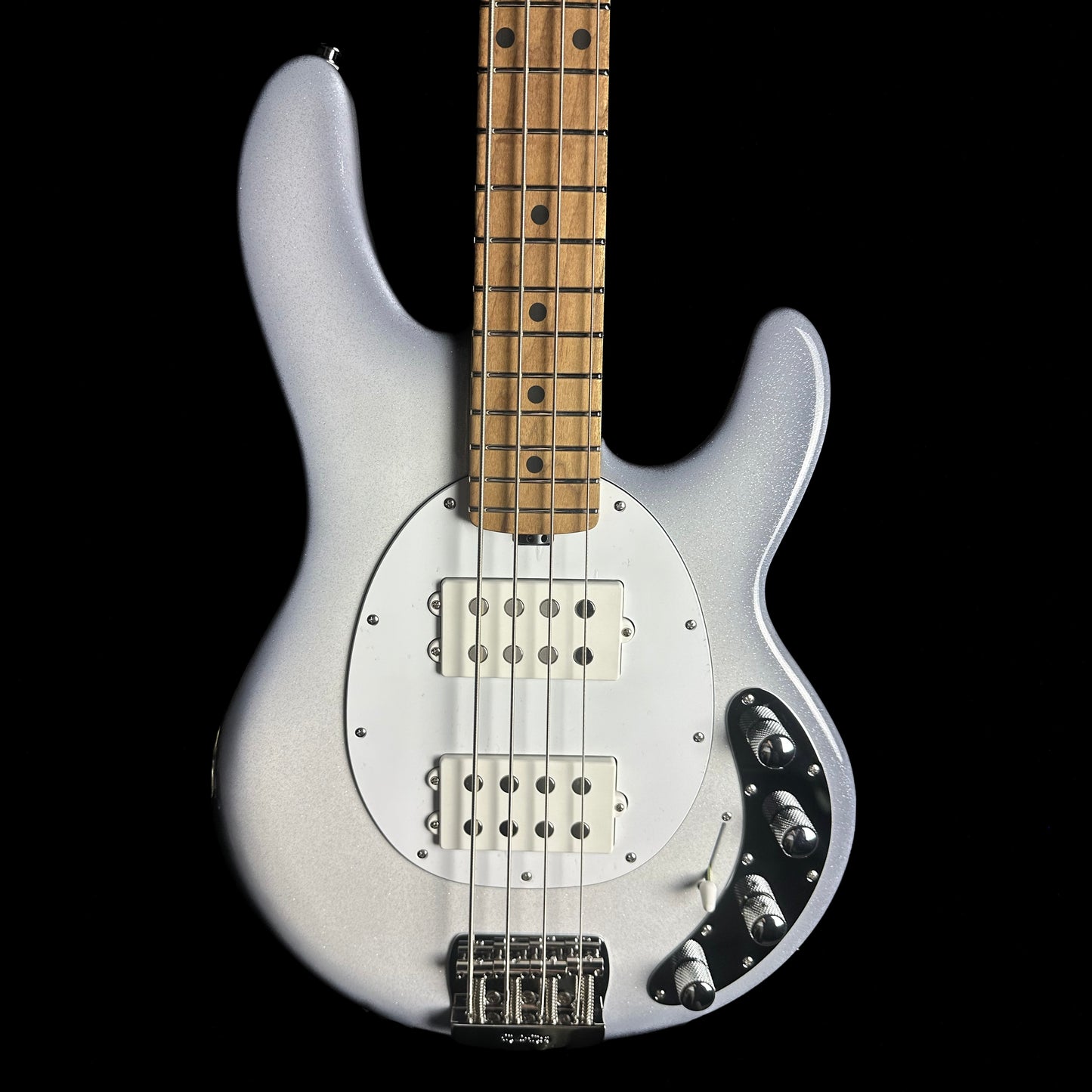 Front of Ernie Ball Music Man StingRay Special HH Bass MP Snowy Night.