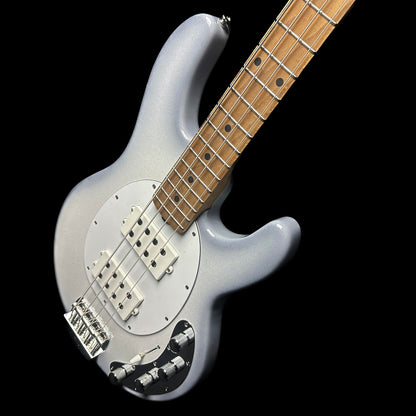 Front angle of Ernie Ball Music Man StingRay Special HH Bass MP Snowy Night.