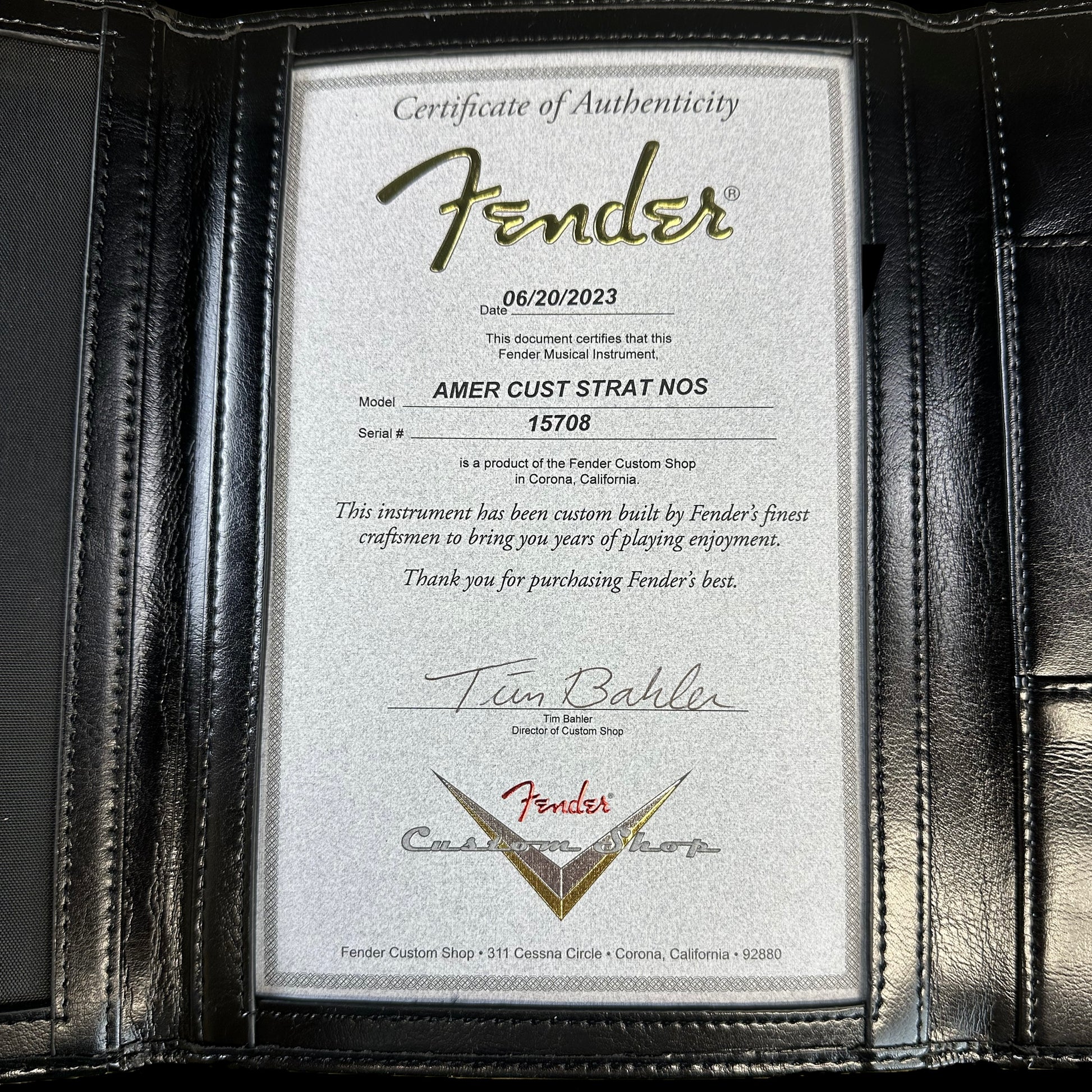 Certificate of auithenticity for Fender Custom Shop American Custom Stratocaster RW Ebony Transparent.