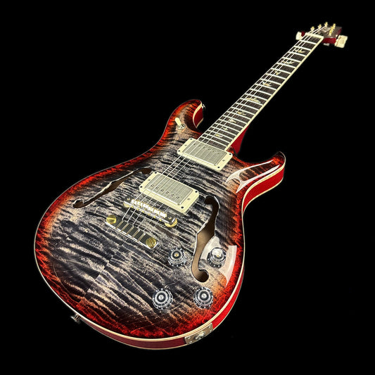 Bottom right angle of PRS McCarty 594 Hollowbody II Charcoal Cherry Burst Birds.