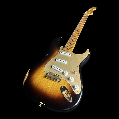 Front angle of Fender Custom Shop Limited Edition '55 "bone-tone" Strat - Relic Wide-Fade 2-color Sunburst.