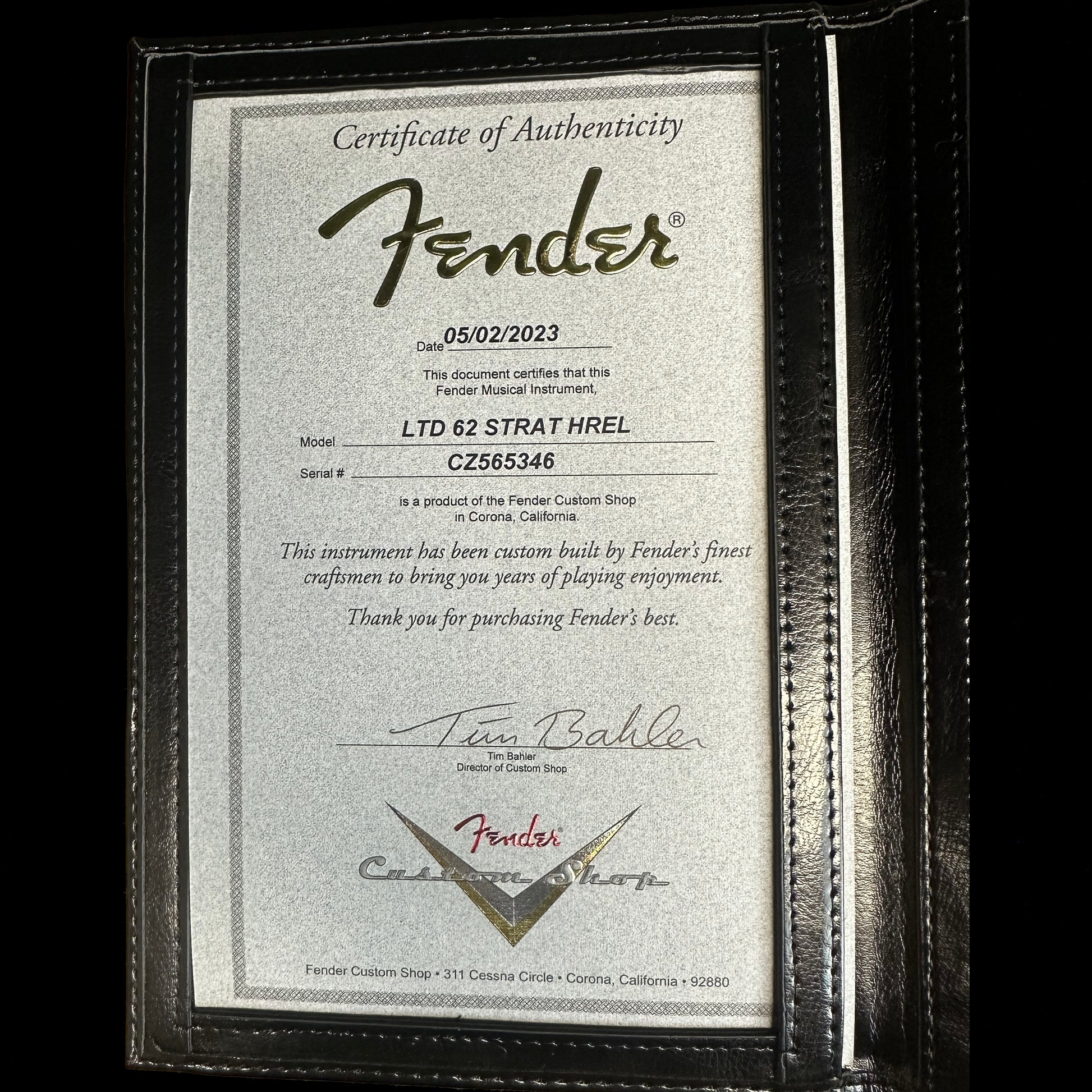 Certificate of Authenticity for Fender Custom Shop Limited Edition '62 Strat Heavy Relic Faded Aged 3 Color Sunburst.