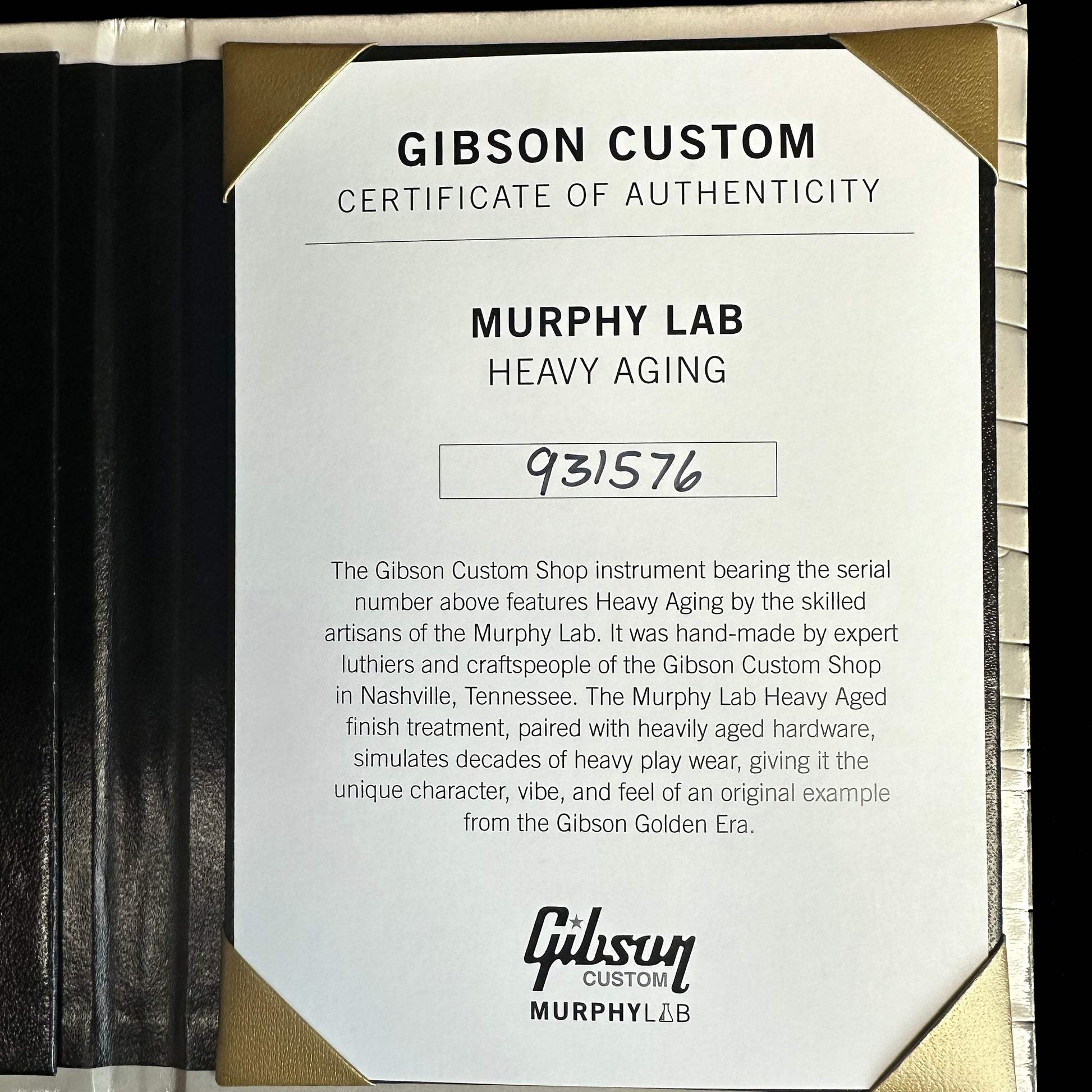 Certificate of authenticity for Gibson Custom Shop Murphy Lab 1959 Les Paul Standard Heavy Aged Green Lemon Fade.