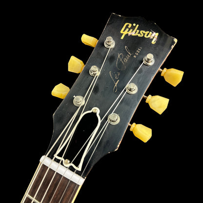 Close up of Gibson Custom Shop Murphy Lab 1959 Les Paul Standard Heavy Aged Slow Iced Tea Fade headstock.