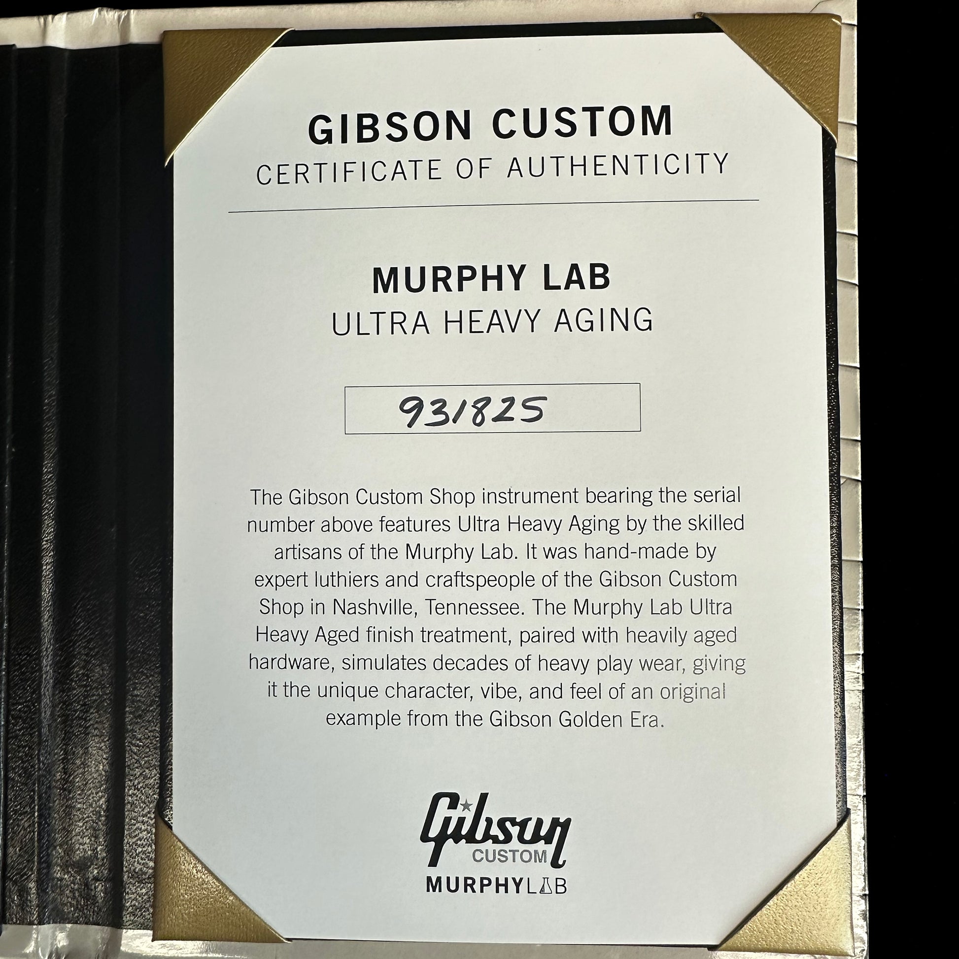 Certificate of authenticity for Gibson Custom Shop Murphy Lab 1959 Les Paul Standard Ultra Heavy Aged Kindred Burst.