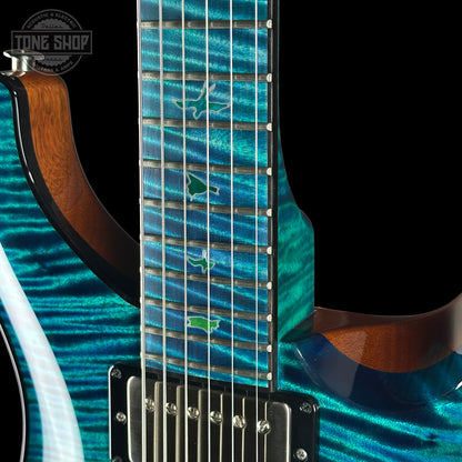 Close-up of a guitar with a blue and black design, brand 'Tone Shop' visible.
