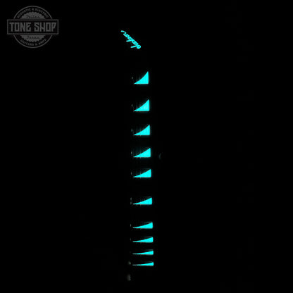Glowing inlays on fretboard of Jackson Custom Shop TSG Illuminati SL2H FR  Kawasabi Green.
