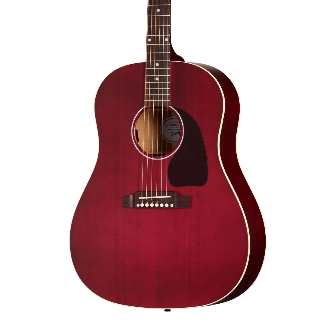 Closeup of Gibson J-45 Special Satin Wine Red w/bag
