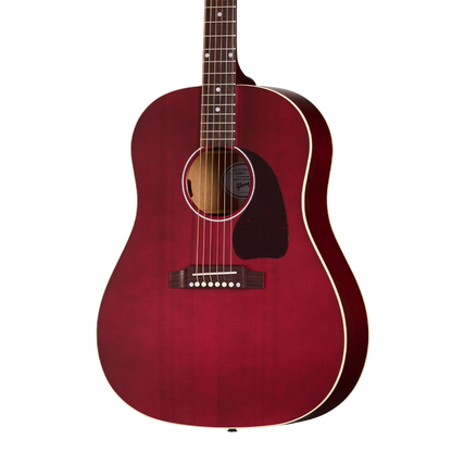 Closeup of Gibson J-45 Special Satin Wine Red w/bag
