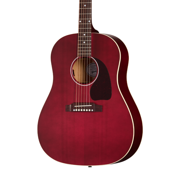Closeup of Gibson J-45 Special Satin Wine Red w/bag
