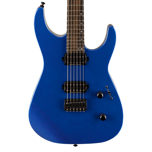 Closeup of front of Jackson American Series Virtuoso HT Streaked Ebony Fingerboard Mystic Blue w/softcase