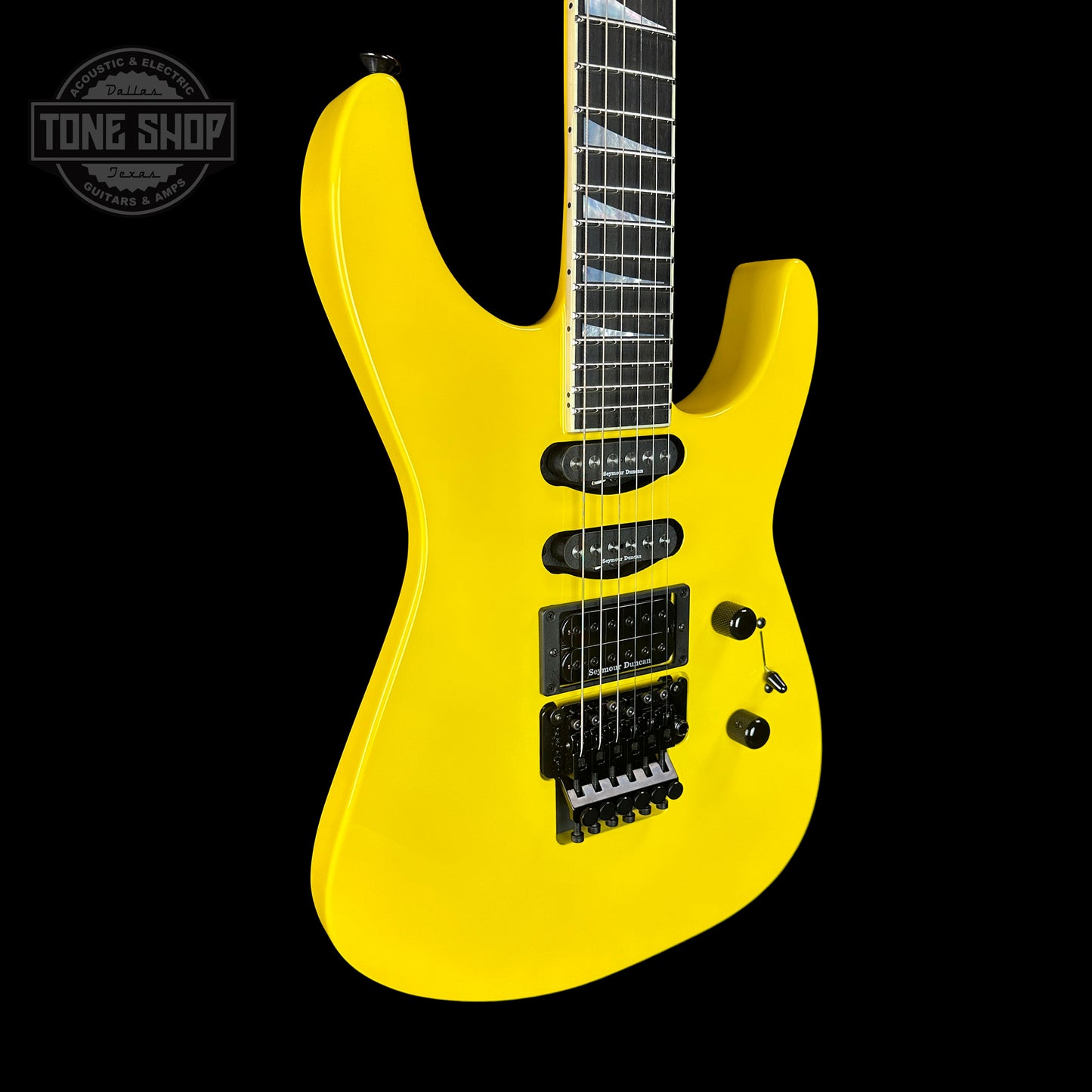 Front angle of Jackson Custom Shop SL HSS Floyd Rose Graf Yellow.