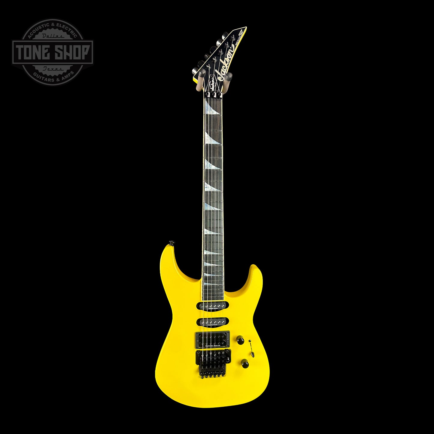 Full front of Jackson Custom Shop SL HSS Floyd Rose Graf Yellow.