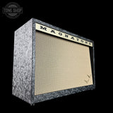 Front angle of Magnatone Twilighter Custom 2x12 Combo Tooled Black Western Leather.