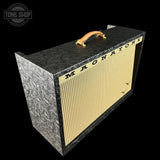 Front angle of Magnatone Twilighter Custom 2x12 Combo Tooled Black Western Leather.