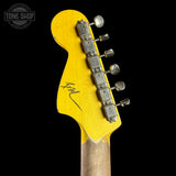 Back of headstock of Nash JM-63 Black over 3-Tone Medium Aging.