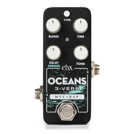 Top down of EHX Electro-Harmonix Oceans 3-verb Reverb.