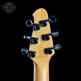 Back of headstock of Powers Electric A-Type Sandalwood Tan PF42 CamTail.