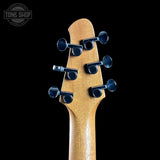 Back of headstock of Powers Electric A-Type Select Maple Cruise Night Blue Ghost Flame PF42 Firestripe Delrin Cool CamTail.
