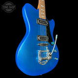 Front angle of Powers Electric A-Type Select Maple Cruise Night Blue Ghost Flame PF42 Firestripe Delrin Cool CamTail.