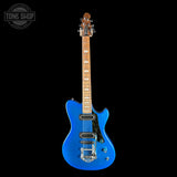 Full front of Powers Electric A-Type Select Maple Cruise Night Blue Ghost Flame PF42 Firestripe Delrin Cool CamTail.