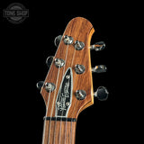 Headstock of Powers Electric A-Type Sandalwood Tan PF42 CamTail.