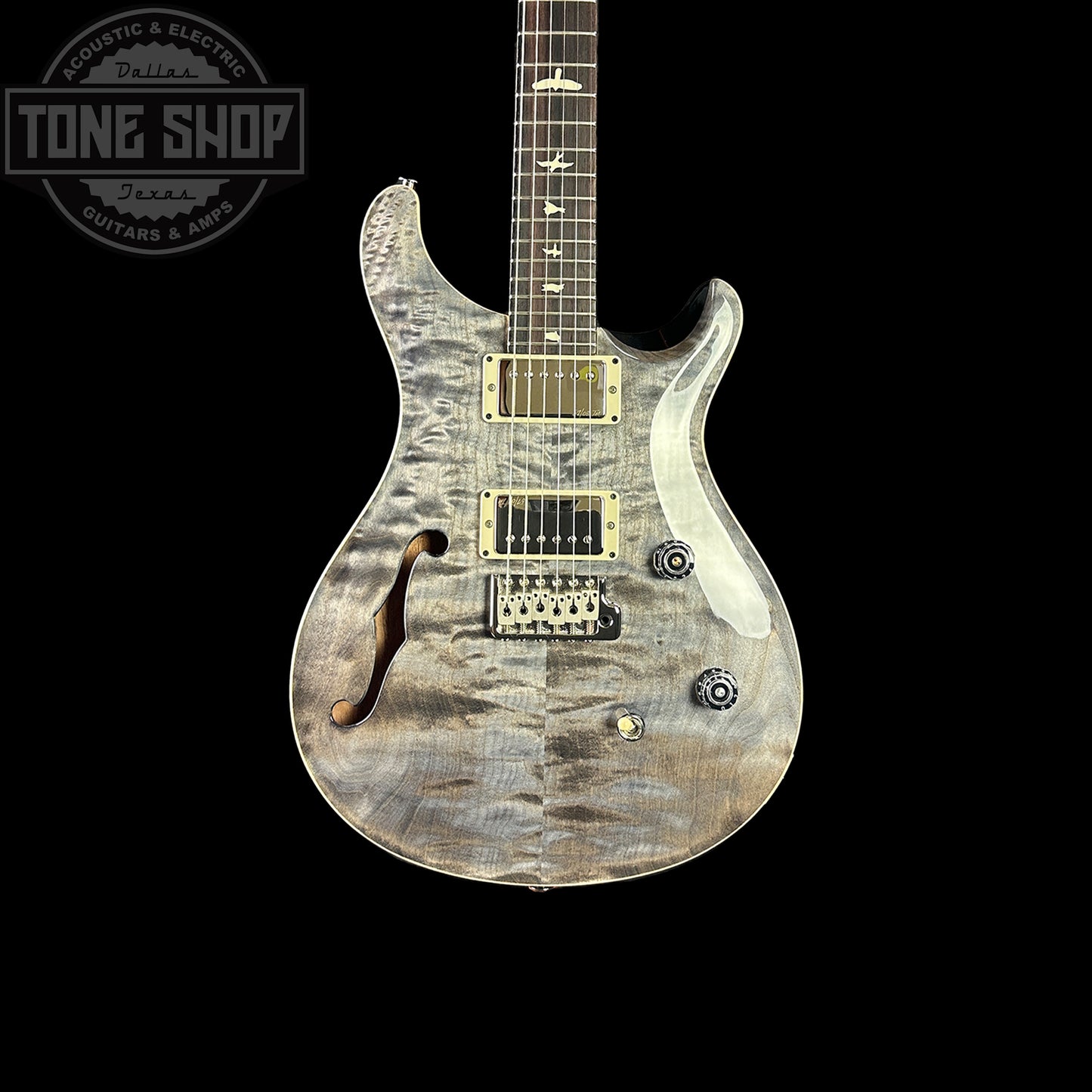 Front of body of PRS Paul Reed Smith CE24 Semi-Hollow Quilt Faded Gray Black.