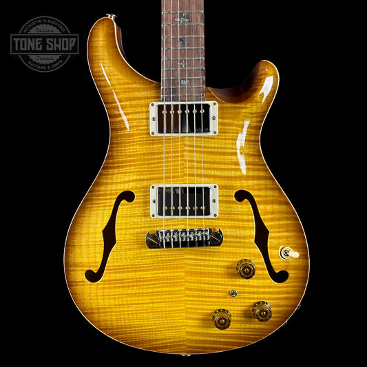 Front of PRS Wood Library Hollowbody II Piezo 10-top Livingston Lemondrop Stained Neck.