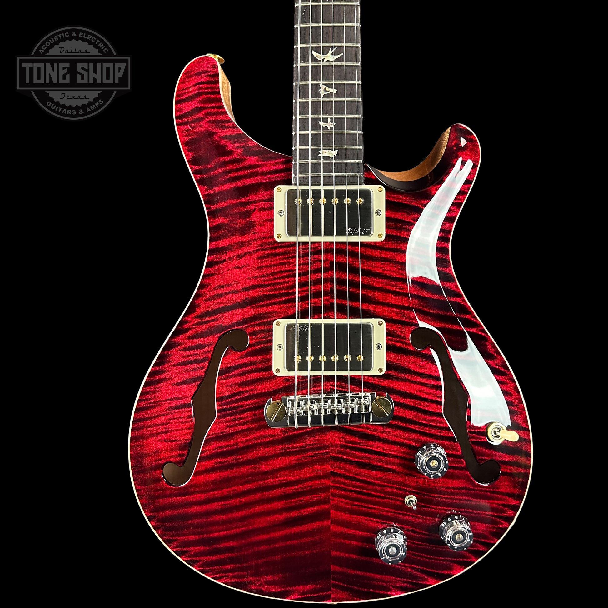 Front of PRS Hollowbody II Piezo 10-top Red Tiger.
