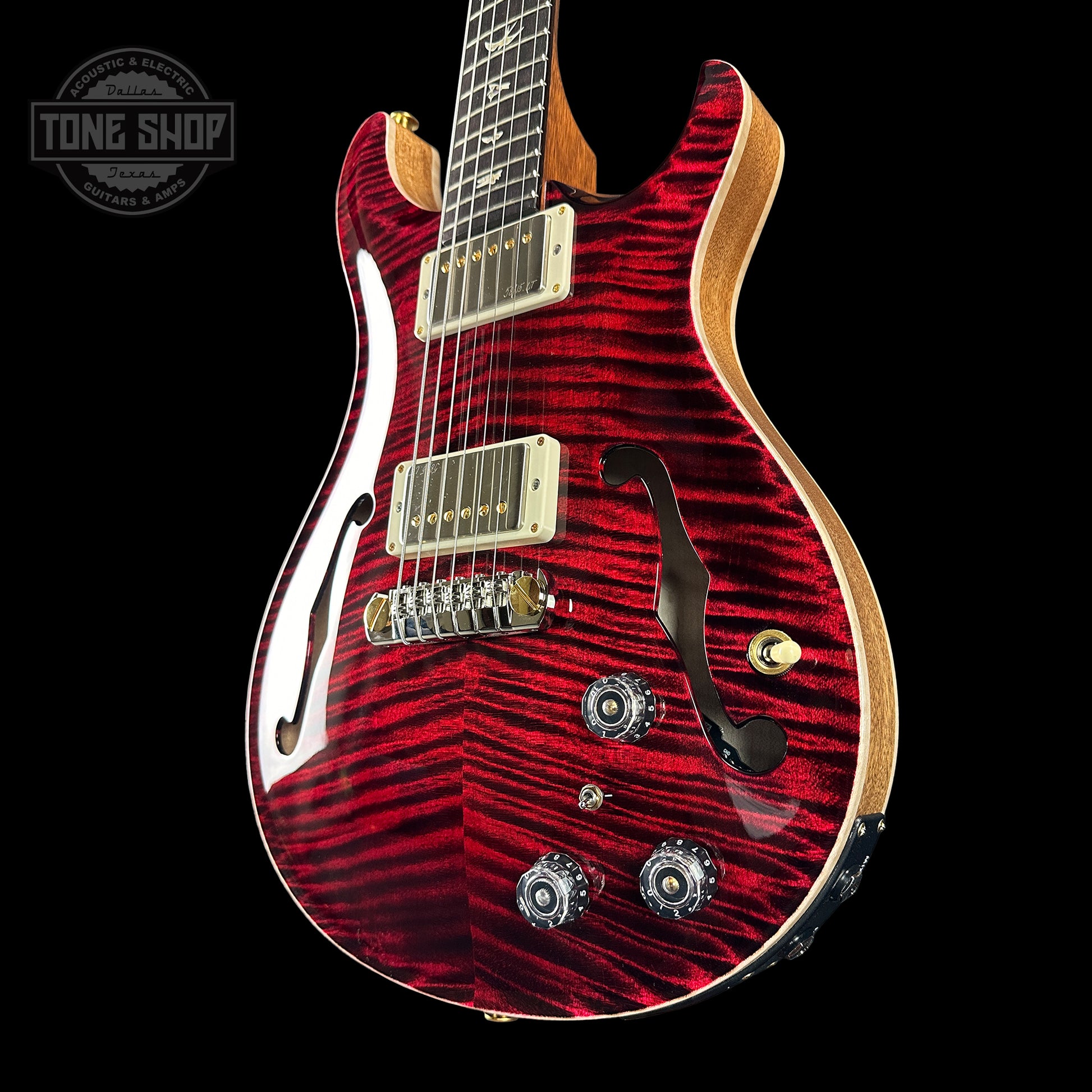 Front angle of PRS Hollowbody II Piezo 10-top Red Tiger.