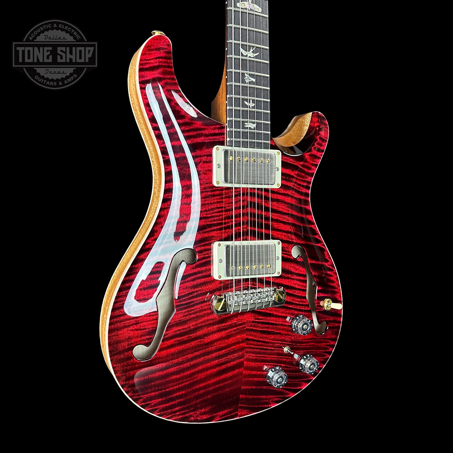 Front angle of PRS Hollowbody II Piezo 10-top Red Tiger.