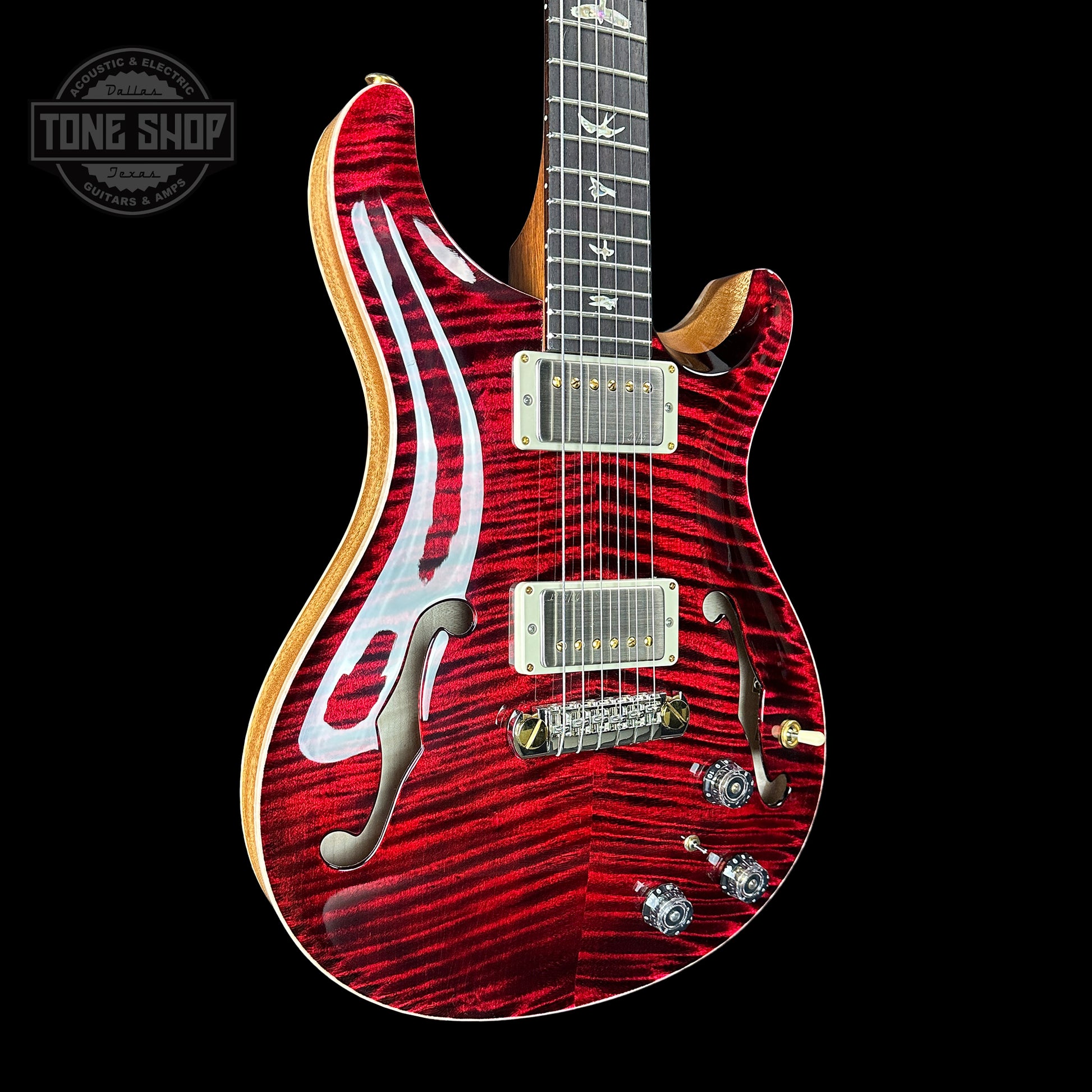 Front angle of PRS Hollowbody II Piezo 10-top Red Tiger.