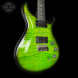 Front angle of PRS Wood Library DGT 10 Top Eriza Verde Smokeburst Swamp Ash Maple/Ebony.