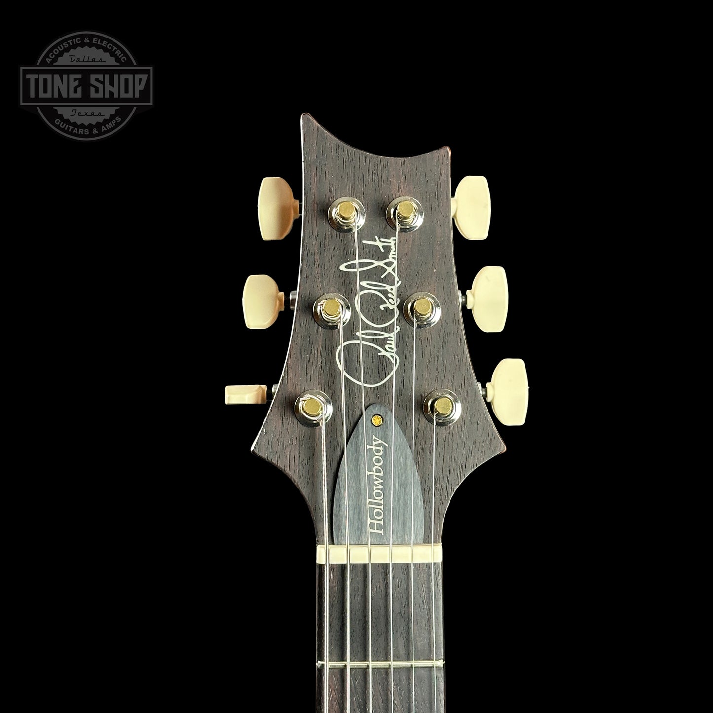 Front of headstock of PRS Hollowbody II Piezo 10-top Red Tiger.