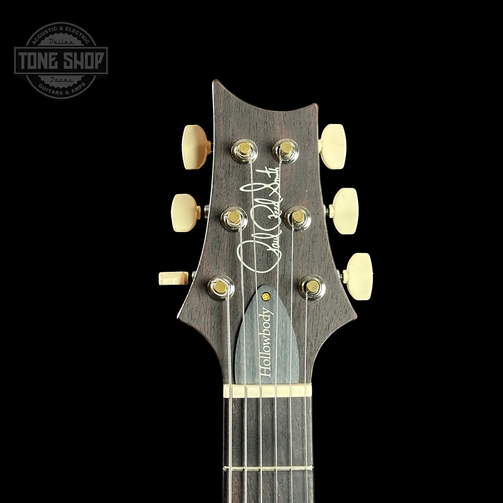 Front of headstock of PRS Hollowbody II Piezo 10-top Red Tiger.