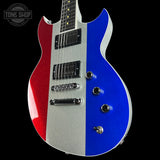 Front angle of Reverend Sensei RA Limited Edition Red/Silver/Blue Sparkle.