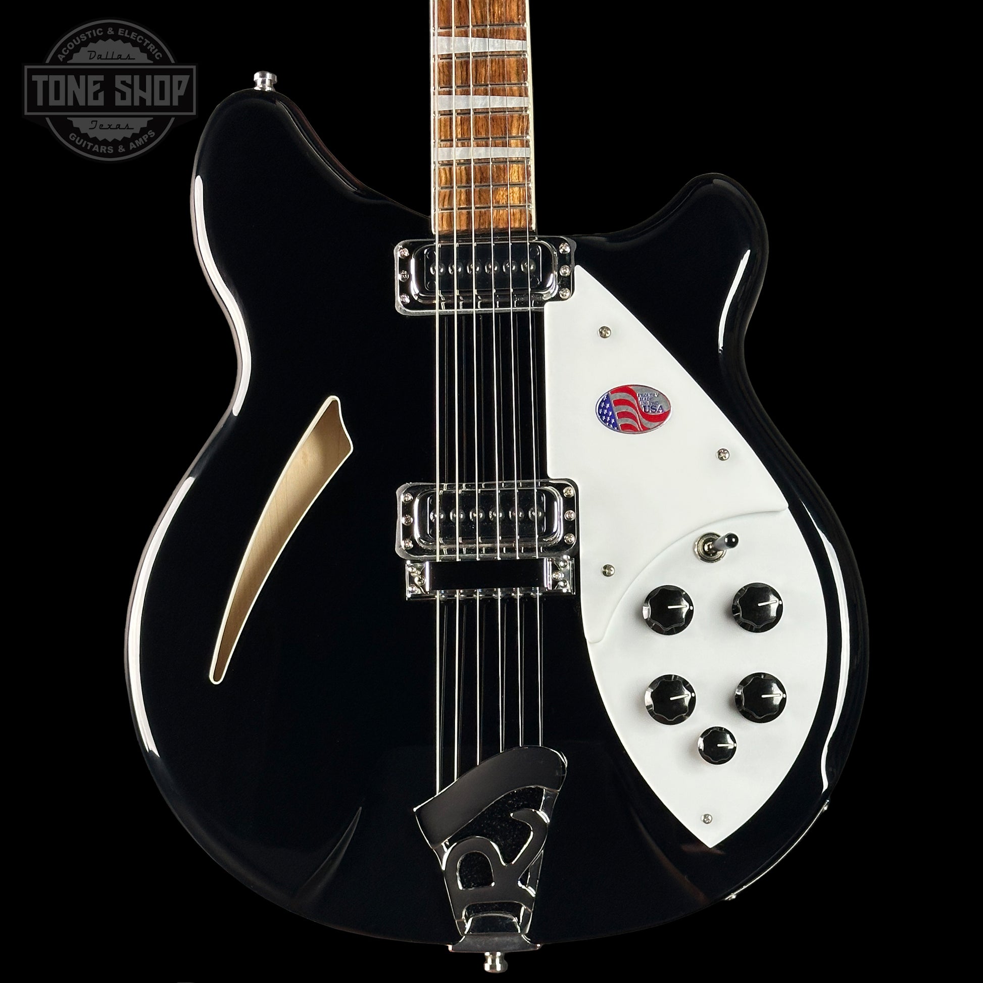Front of Rickenbacker 360 Thinline Semi-Hollow Jetglo 6-String.