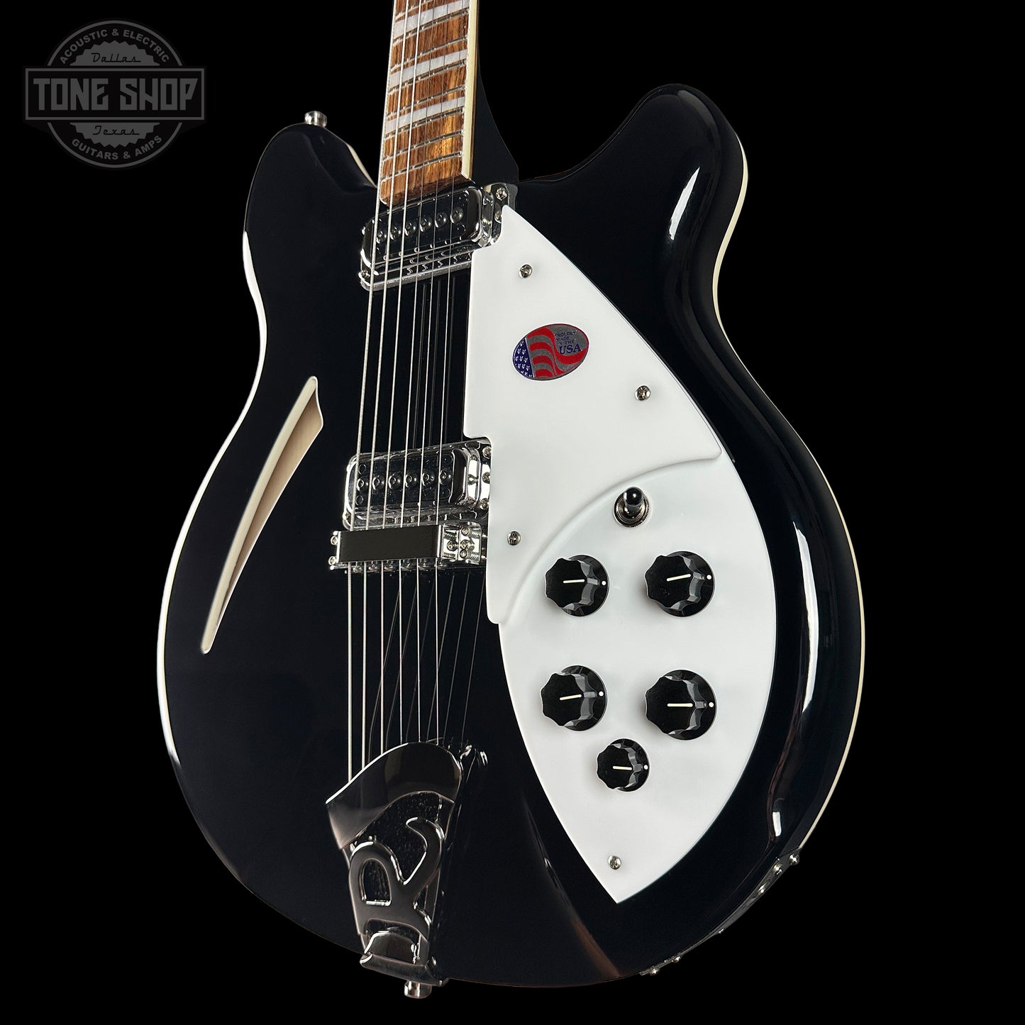 Front angle of Rickenbacker 360 Thinline Semi-Hollow Jetglo 6-String.