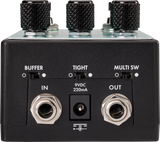 In and out jacks on the back of Fender Santa Ana Overdrive pedal on a white background. 