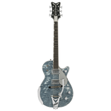 Full frontal of Gretsch G6134T-58 Limited Edition Penguin with String-Thru Bigsby Light Blue Pearl.